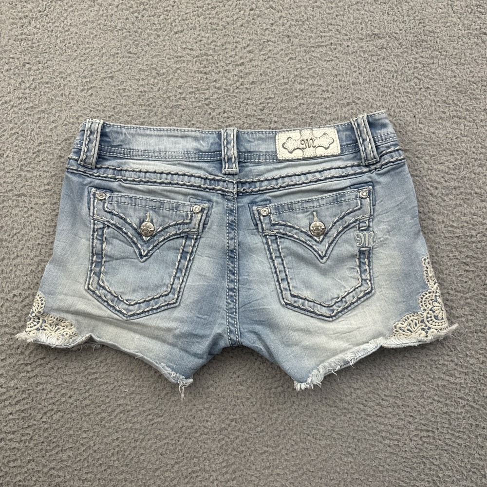 Miss Me Y2K Low Rise Signature Denim Jean Shorts Crochet Boho Festival Women 29